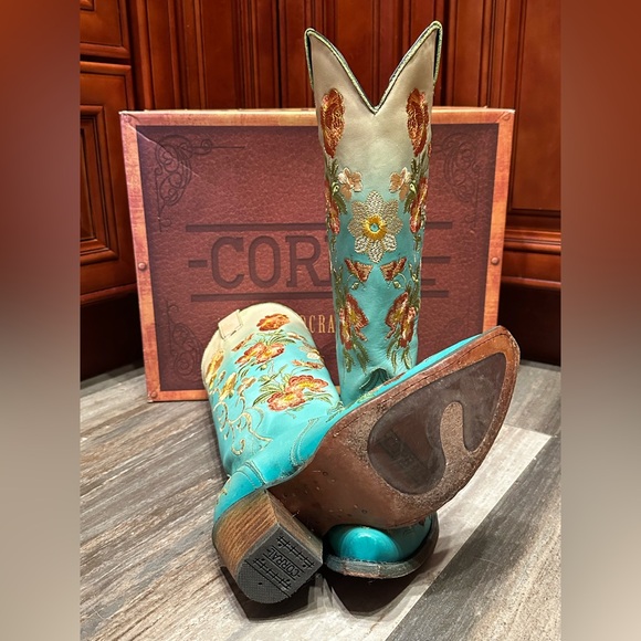 Corral Cowboy Boots C3304 Floral Turquoise Flower Embroidered  7 Rare Wedding - Picture 8 of 10